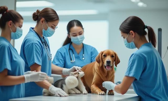 Équipe de la clinique s'occupant des animaux.